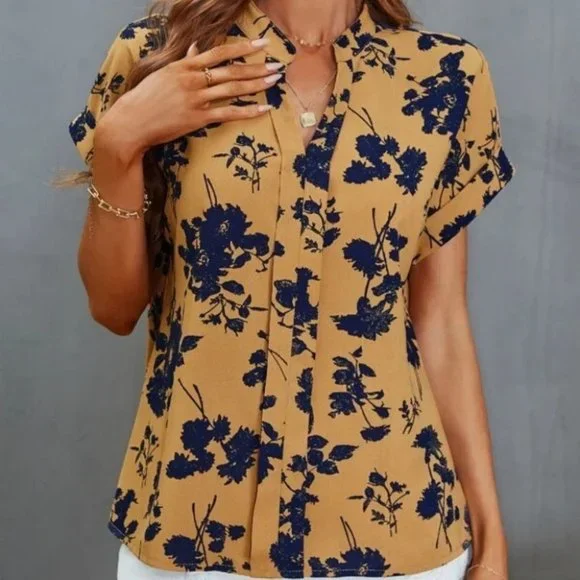 Boho Floral Pattern Notched Neck short sleeve Blouse top Carmel / Blue - Picture 5 of 7